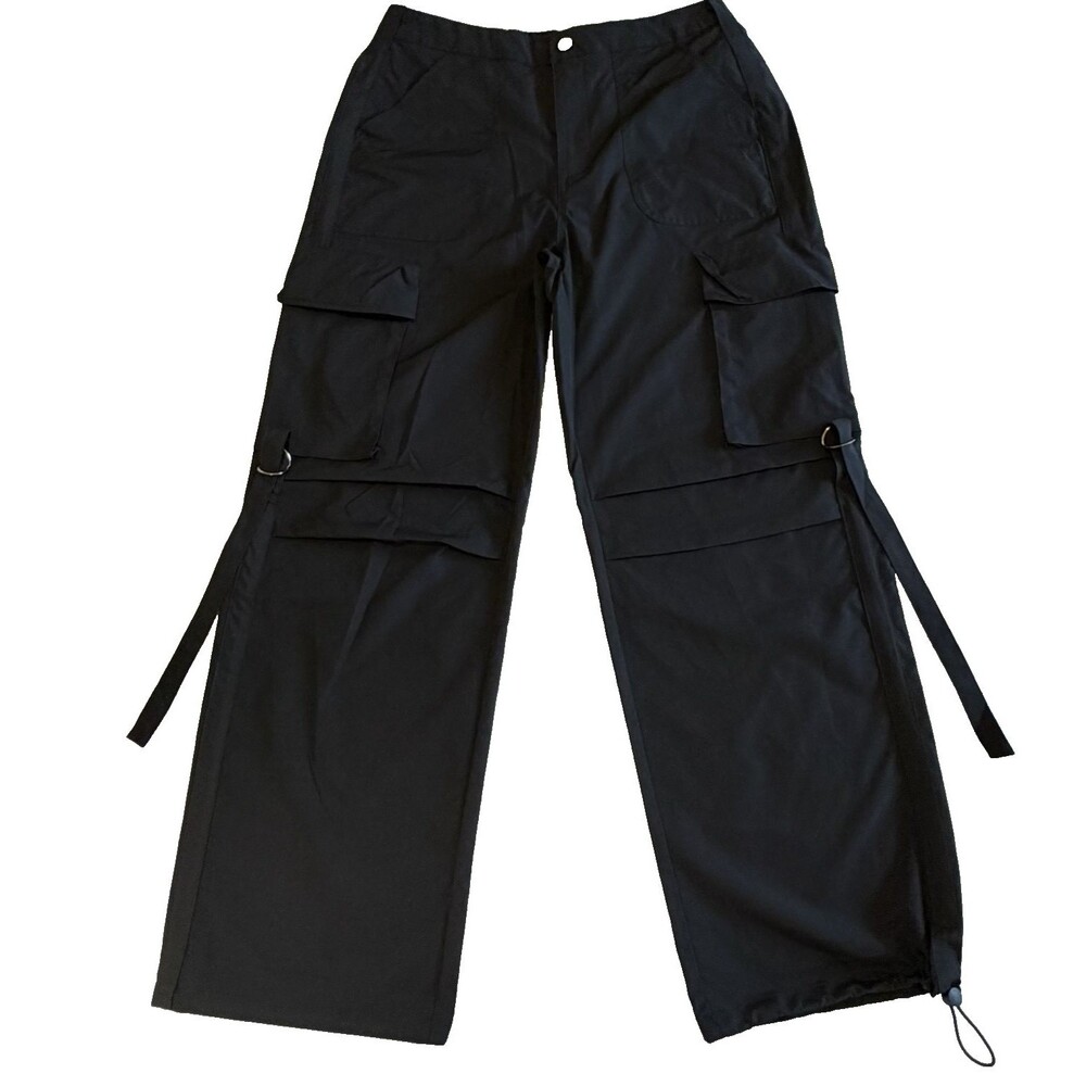 Women's Size Large Black Wide Leg Cargo Pants Goth Strappy D-Ring Utility